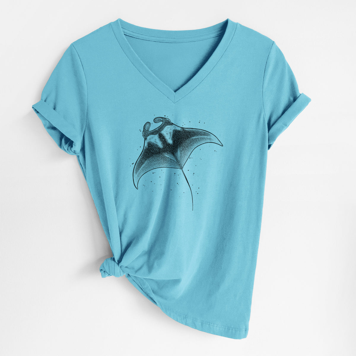 Turquoise women's relaxed fit cotton V-neck t-shirt laid flat, printed with a black ink illustration of a manta ray gliding.