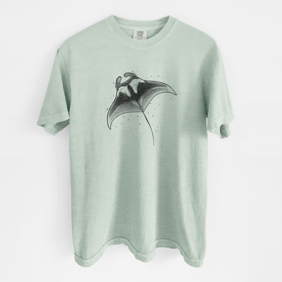 Bay green Comfort Colors t-shirt laid flat, printed with a black ink illustration of a manta ray gliding.
