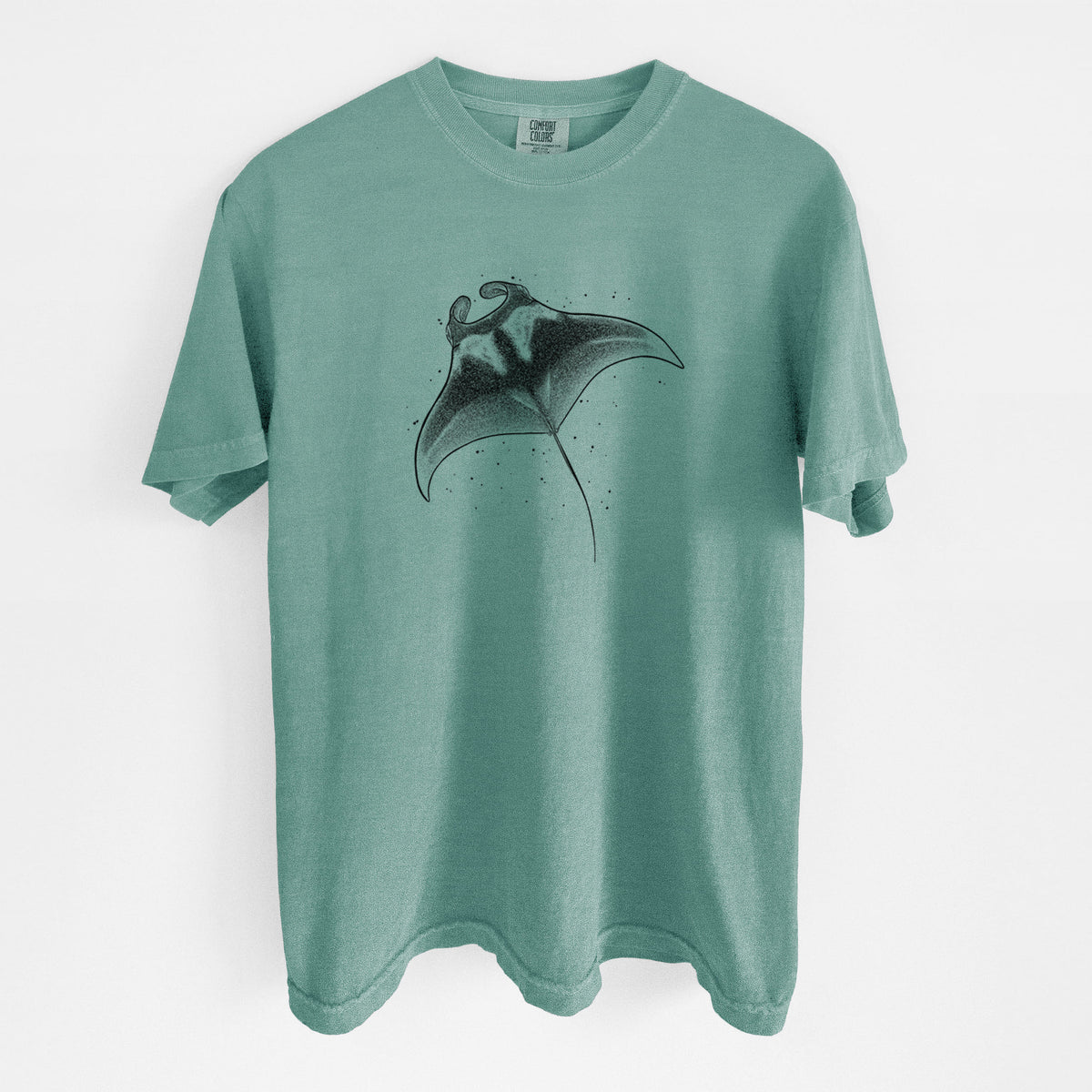 Reef green Comfort Colors t-shirt laid flat, printed with a black ink illustration of a manta ray gliding.