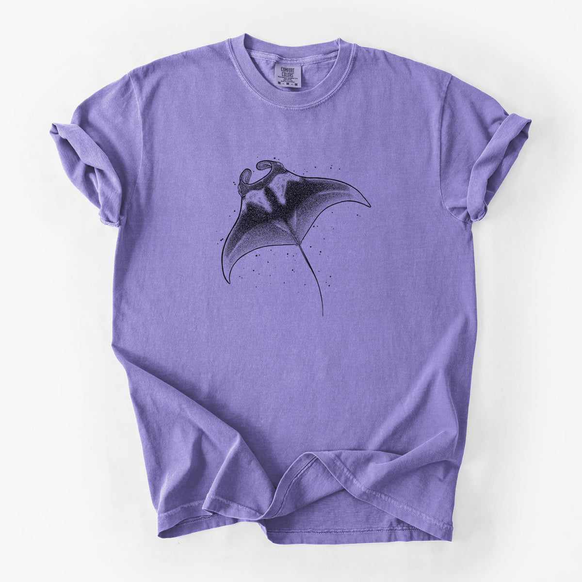 Violet purple Comfort Colors t-shirt laid flat, printed with a black ink illustration of a manta ray gliding.
