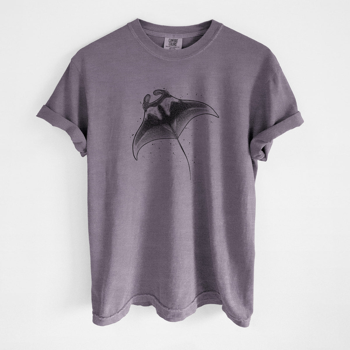 Wine red Comfort Colors t-shirt laid flat, printed with a black ink illustration of a manta ray gliding.