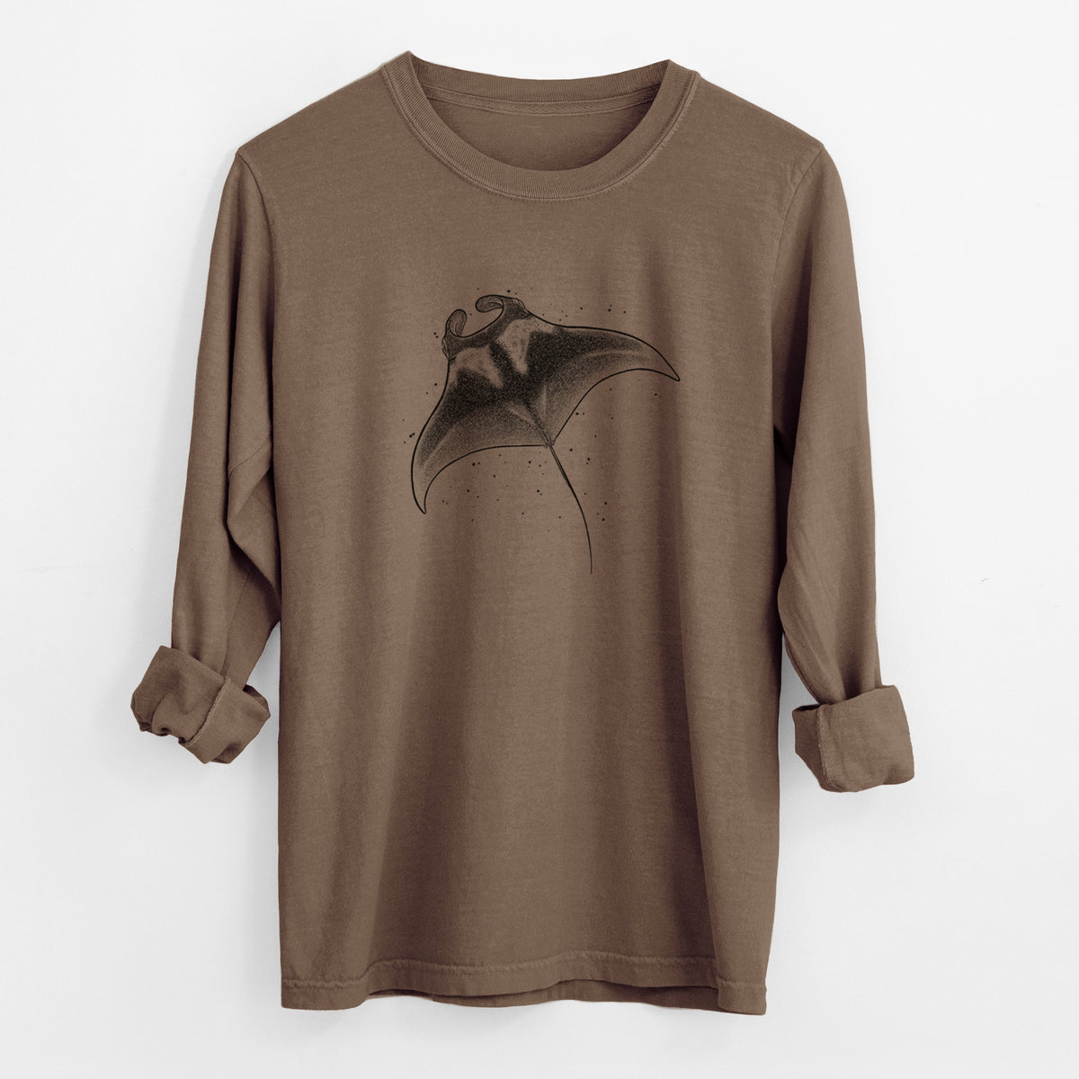 Espresso brown Comfort Colors long sleeve shirt laid flat with the cuffs rolled, printed with a black ink illustration of a manta ray gliding.