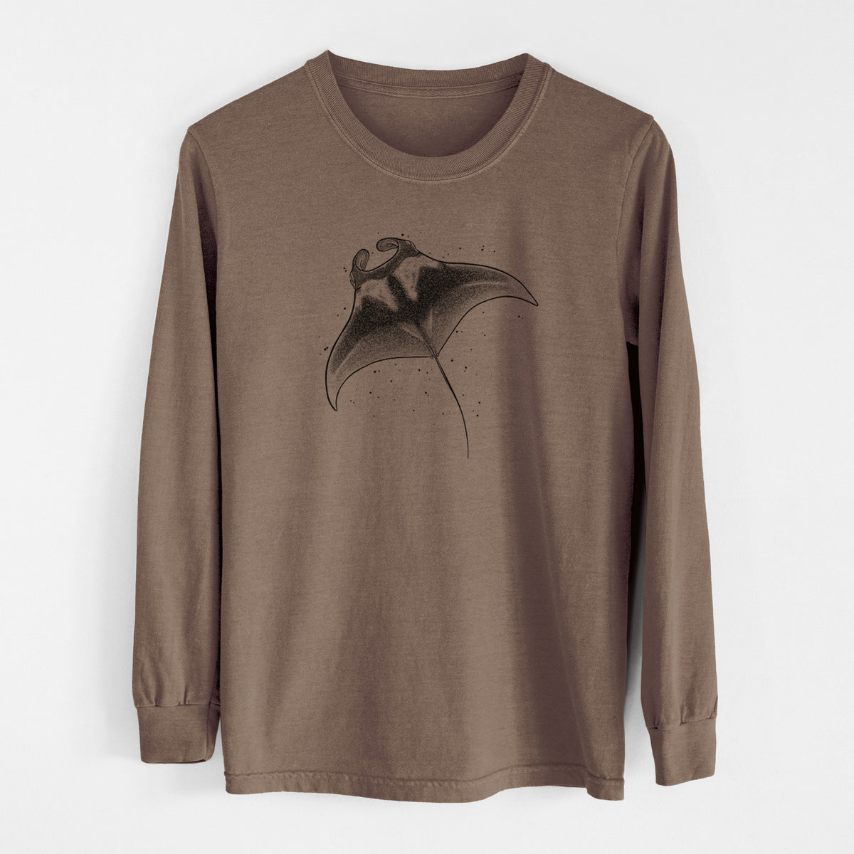 Espresso brown Comfort Colors long sleeve shirt laid flat, printed with a black ink illustration of a manta ray gliding.