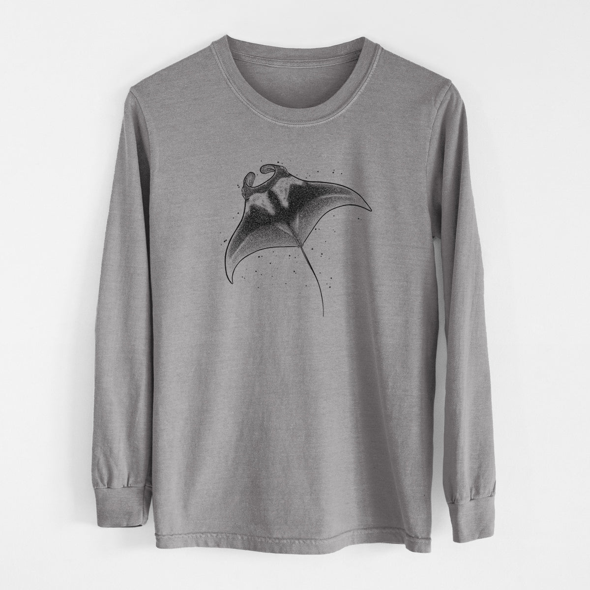 Grey Comfort Colors long sleeve shirt laid flat, printed with a black ink illustration of a manta ray gliding.
