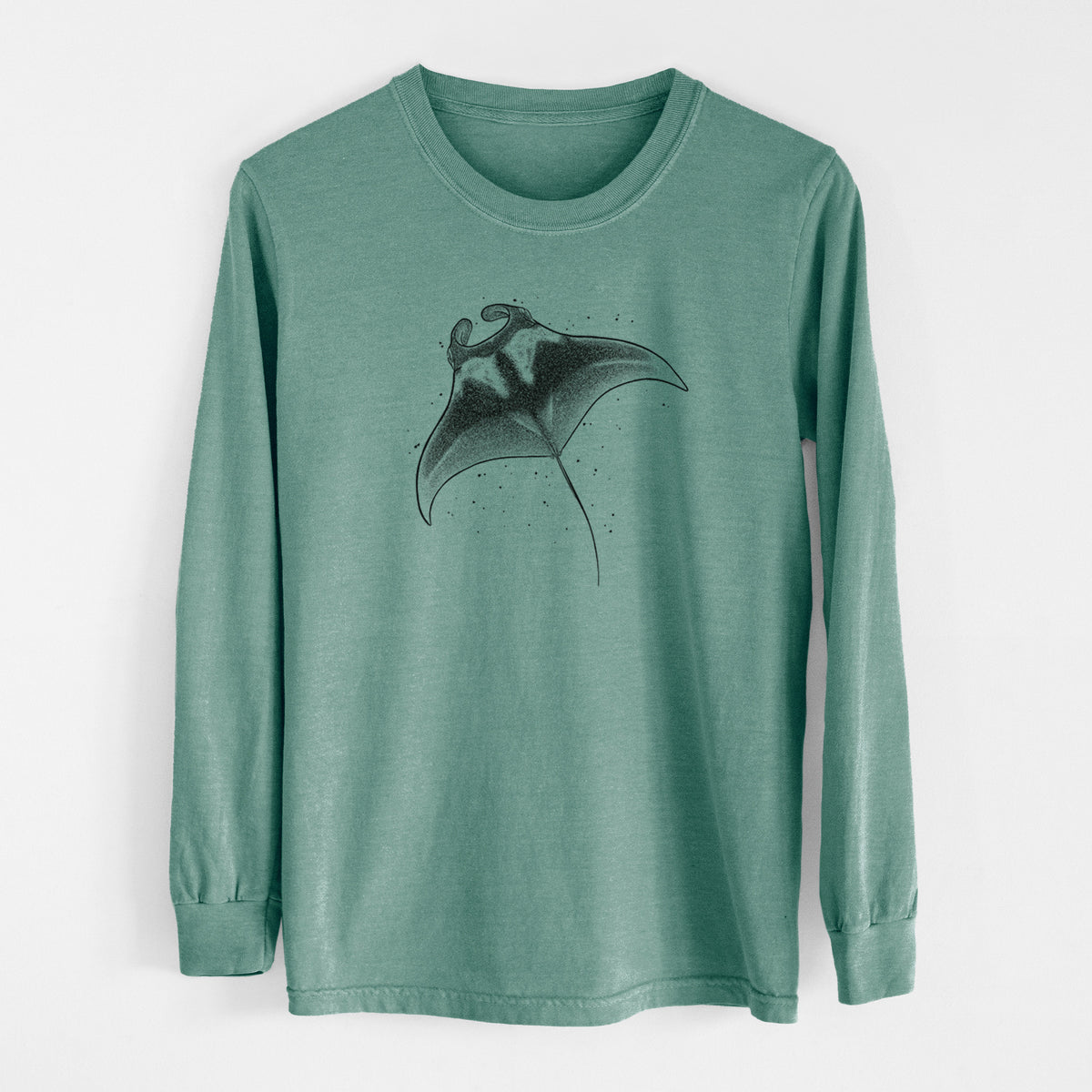Pine green Comfort Colors long sleeve shirt laid flat, printed with a black ink illustration of a manta ray gliding.