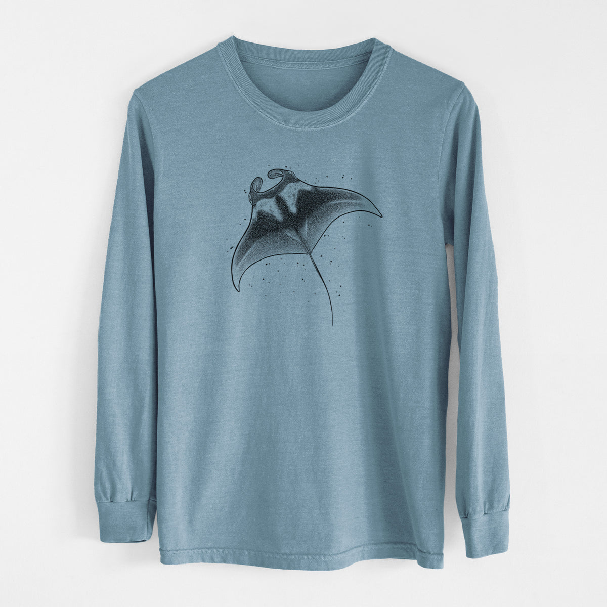 Steel blue Comfort Colors long sleeve shirt laid flat, printed with a black ink illustration of a manta ray gliding.