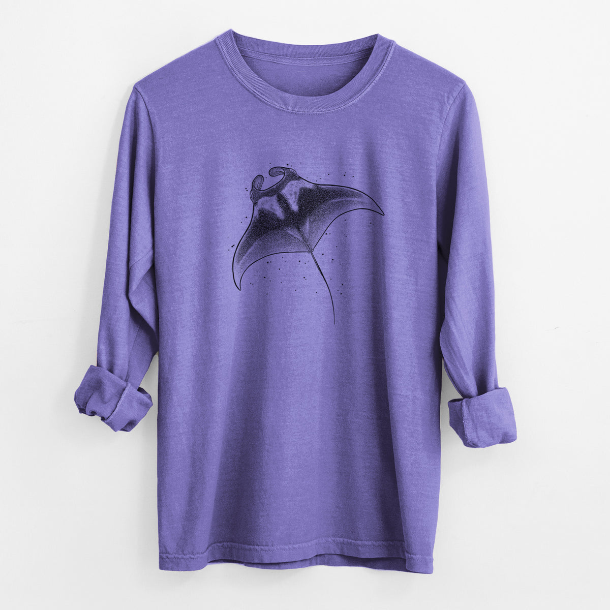 Violet purple Comfort Colors long sleeve shirt laid flat with the cuffs rolled, printed with a black ink illustration of a manta ray gliding.