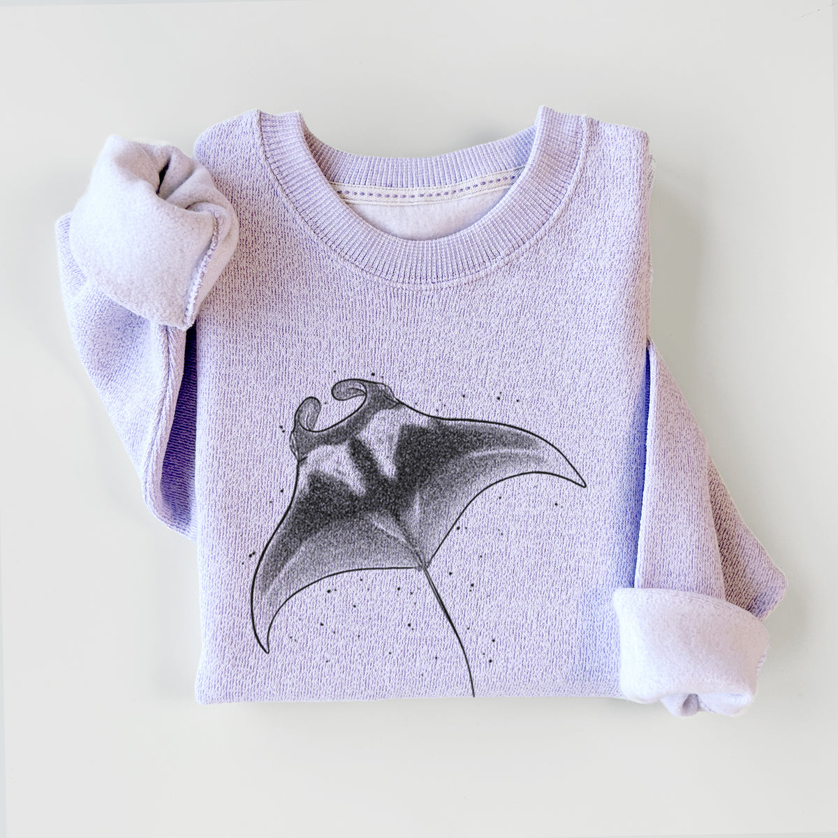 Ice purple knit sweatshirt printed with a black ink illustration of a manta ray gliding, styled flat.
