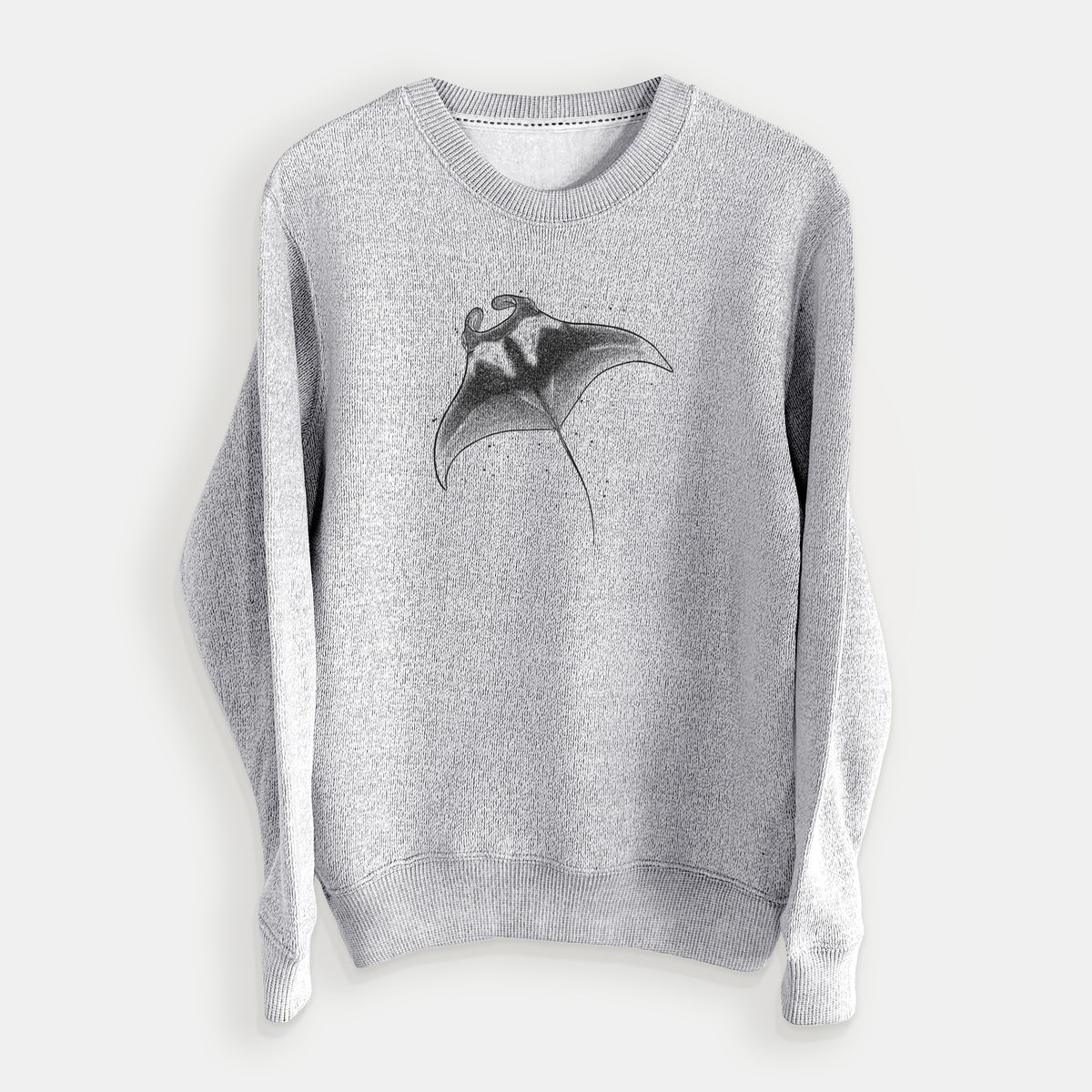 Salt and pepper knit sweatshirt laid flat, printed with a black ink illustration of a manta ray gliding.
