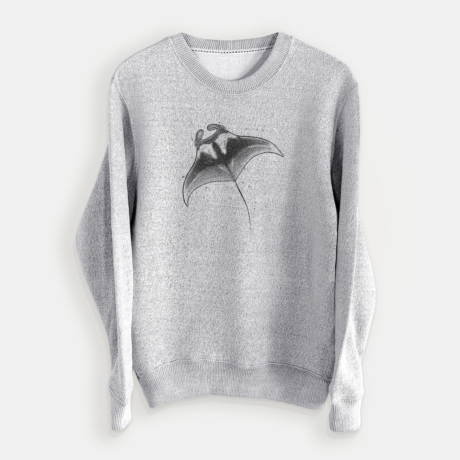Salt and pepper knit sweatshirt laid flat, printed with a black ink illustration of a manta ray gliding.