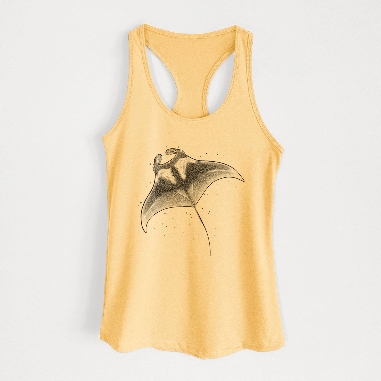 Banana cream women's racerback tank top laid flat, printed with a black ink illustration of a manta ray gliding.