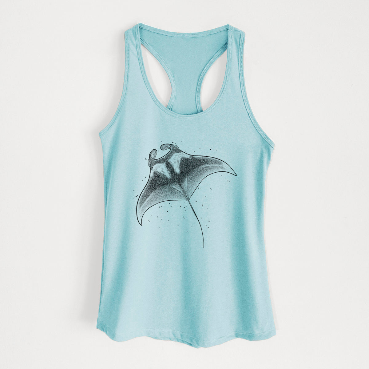 Cancun blue women's racerback tank top laid flat, printed with a black ink illustration of a manta ray gliding.