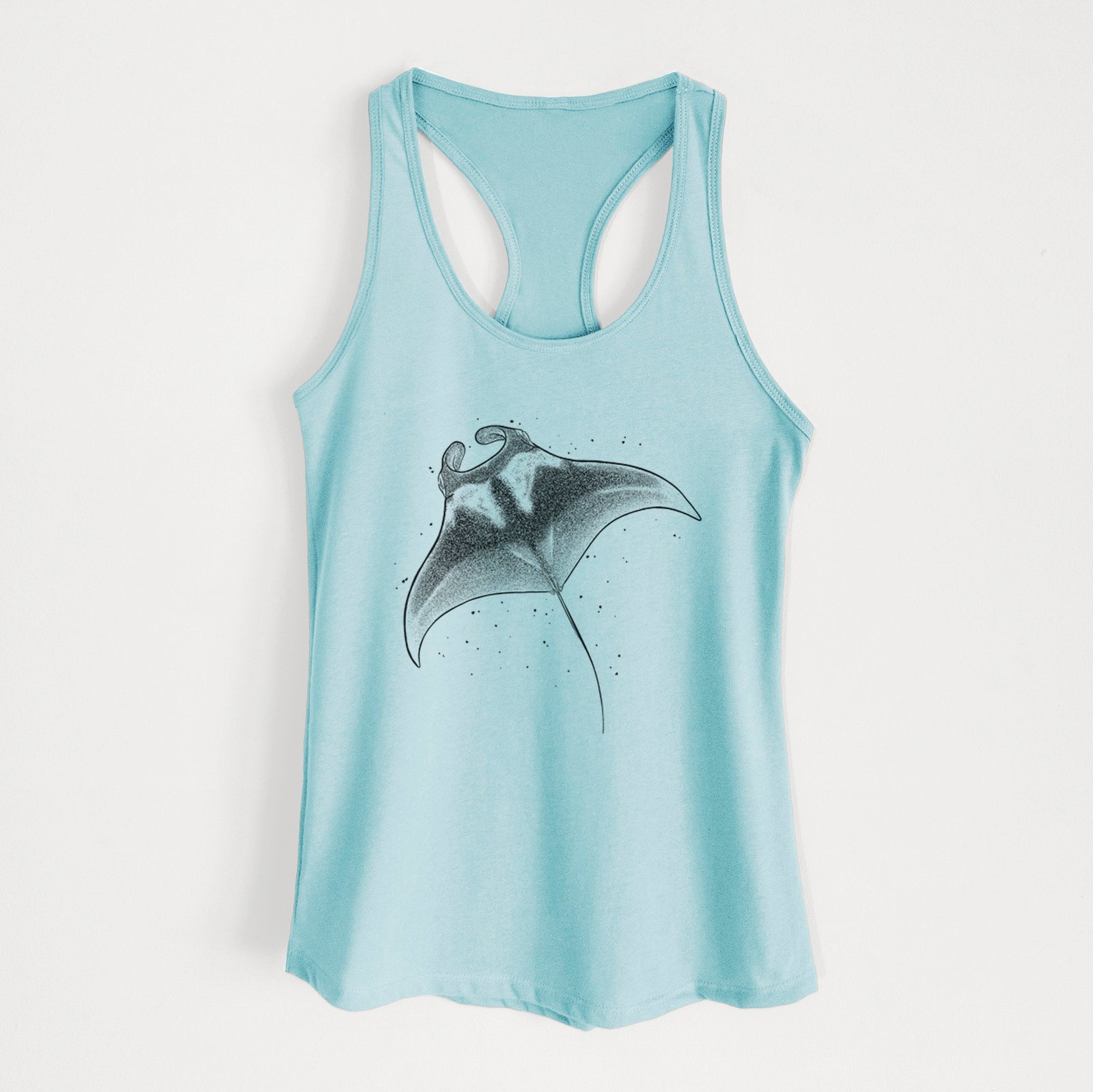 Banana cream women's racerback tank top laid flat, printed with a black ink illustration of a manta ray gliding.