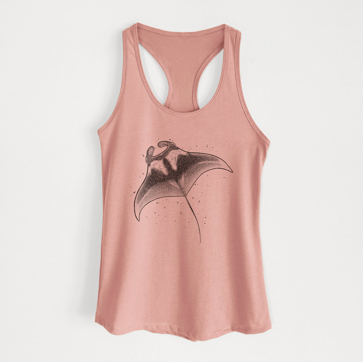 Desert pink women's racerback tank top laid flat, printed with a black ink illustration of a manta ray gliding.