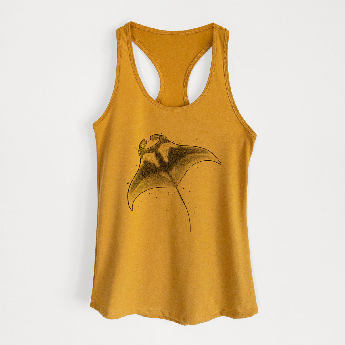 Gold women's racerback tank top laid flat, printed with a black ink illustration of a manta ray gliding.