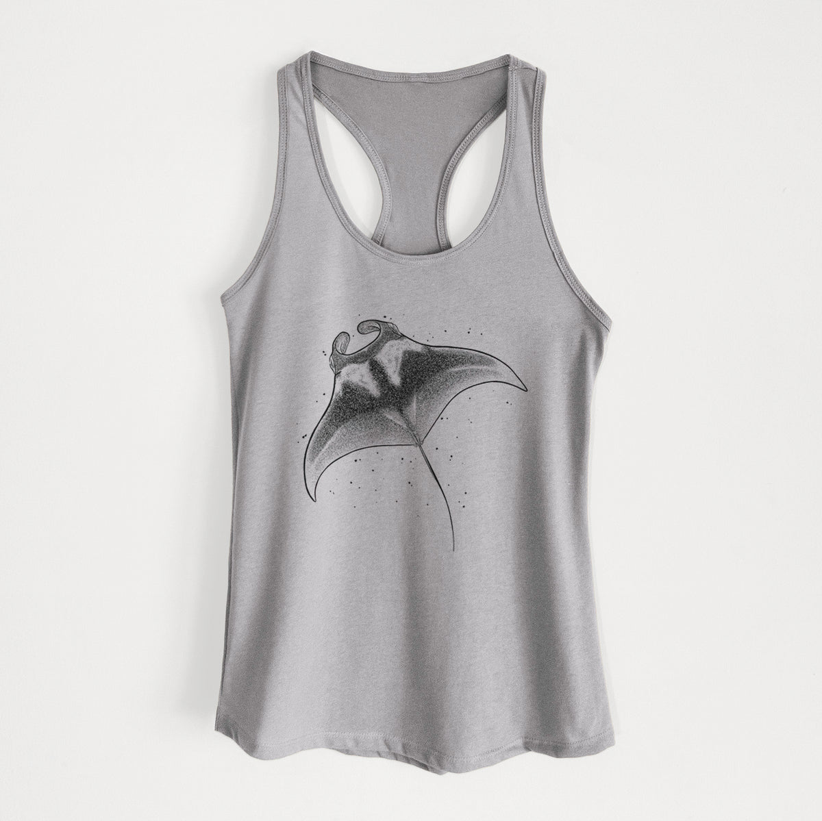 Heather grey women's racerback tank top laid flat, printed with a black ink illustration of a manta ray gliding.