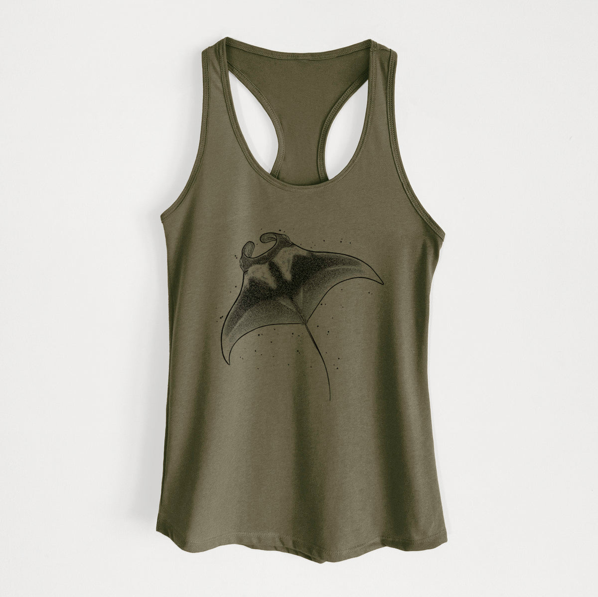 Military green women's racerback tank top laid flat, printed with a black ink illustration of a manta ray gliding.