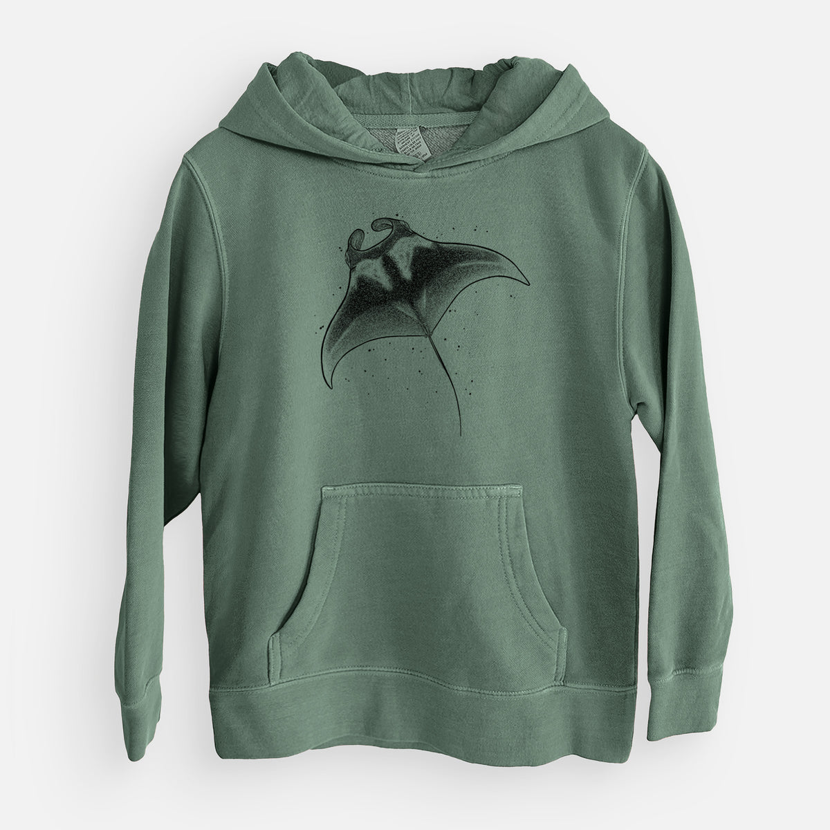 Alpine green youth pigment dyed hoodie laid flat, printed with a black ink illustration of a manta ray gliding.