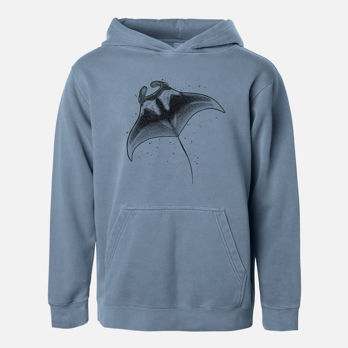 Slate blue youth pigment dyed hoodie laid flat, printed with a black ink illustration of a manta ray gliding.