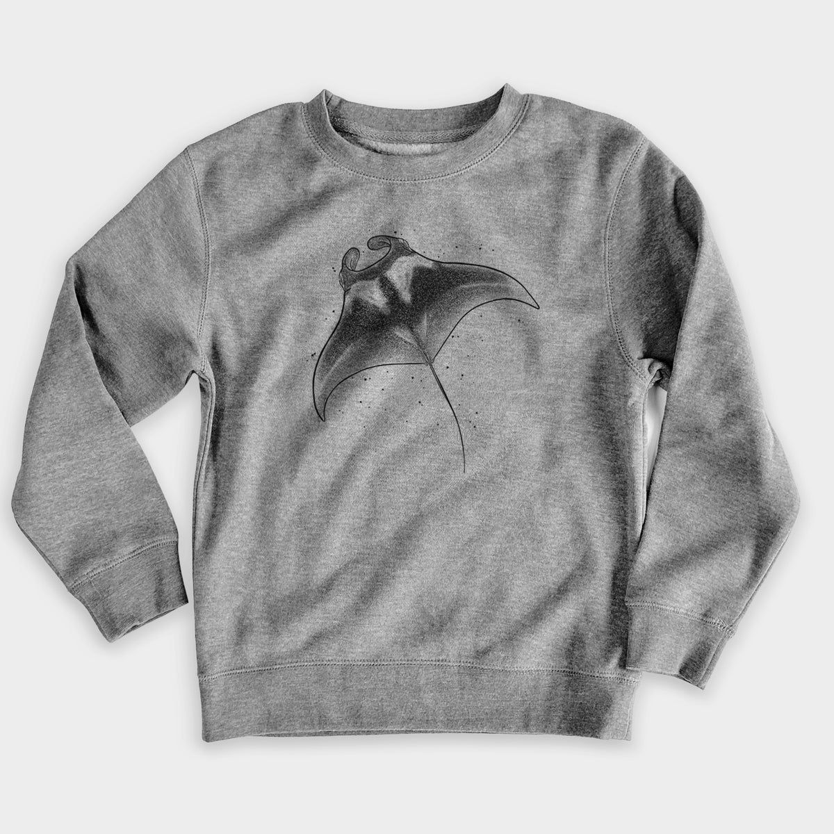 Nickel grey youth crewneck sweatshirt laid flat, printed with a black ink illustration of a manta ray gliding.