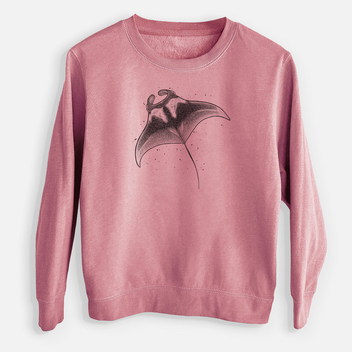 Mauve pink youth crewneck sweatshirt laid flat, printed with a black ink illustration of a manta ray gliding.