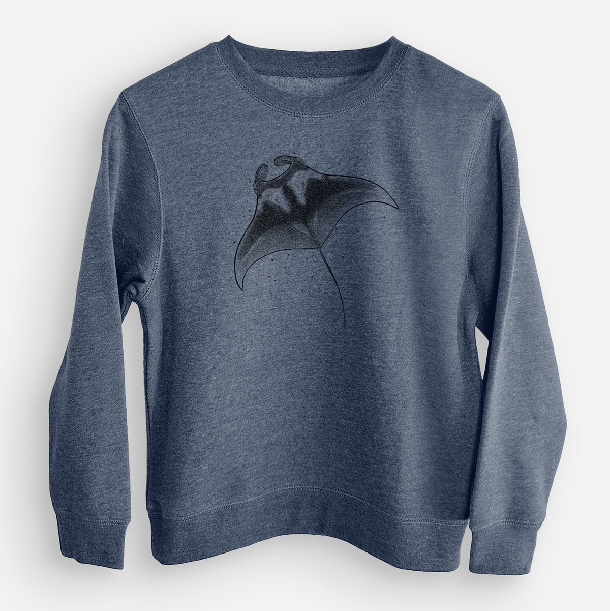 Storm blue youth crewneck sweatshirt laid flat, printed with a black ink illustration of a manta ray gliding.