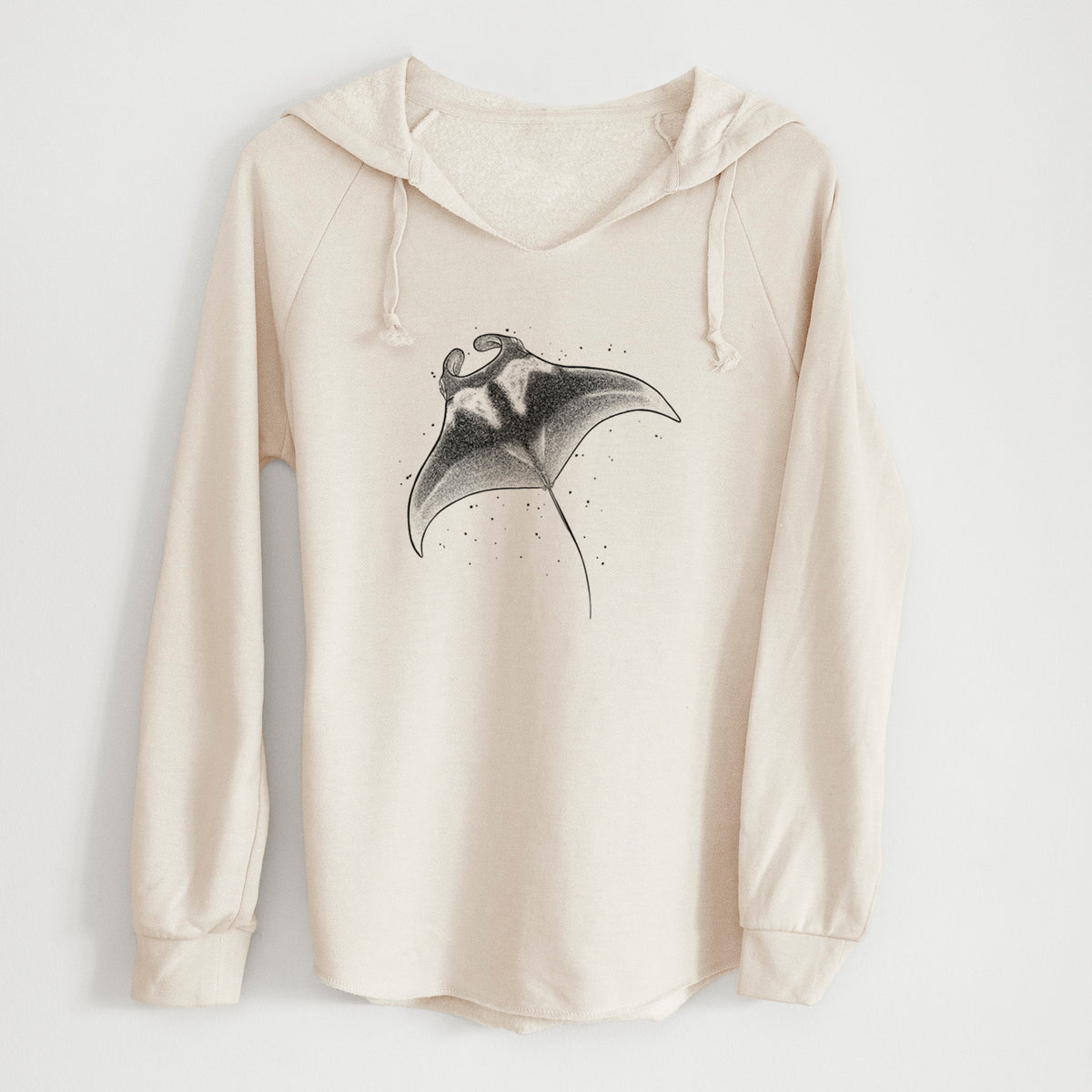 Bone cream women's Cali Wave hooded sweatshirt laid flat, printed with a black ink illustration of a manta ray gliding.