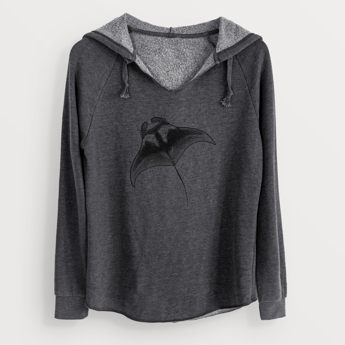 Charcoal grey women's Cali Wave hooded sweatshirt laid flat, printed with a black ink illustration of a manta ray gliding.