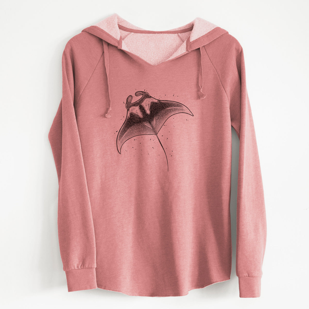 Dusty rose women's Cali Wave hooded sweatshirt laid flat, printed with a black ink illustration of a manta ray gliding.