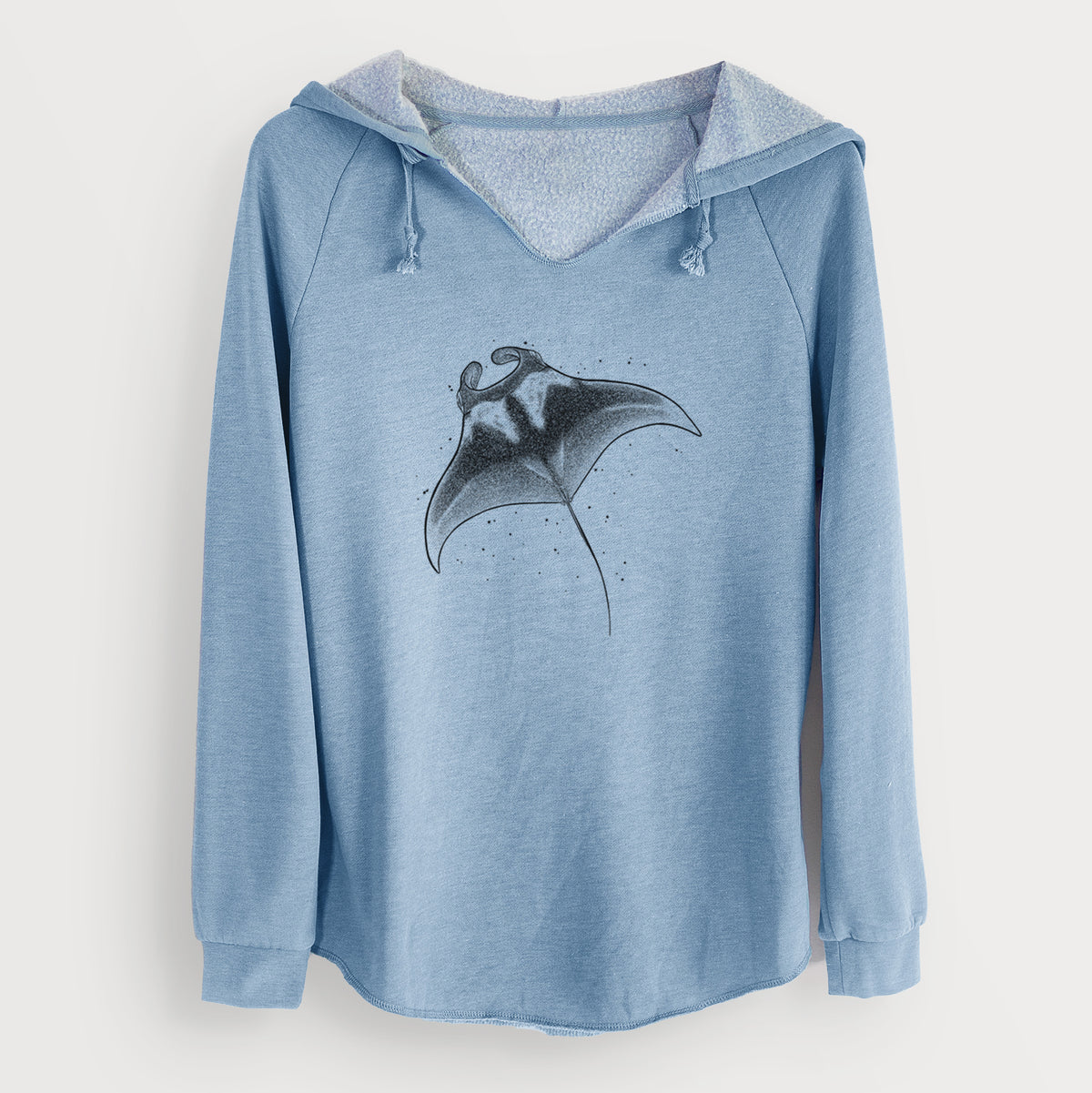 Misty blue women's Cali Wave hooded sweatshirt laid flat, printed with a black ink illustration of a manta ray gliding.