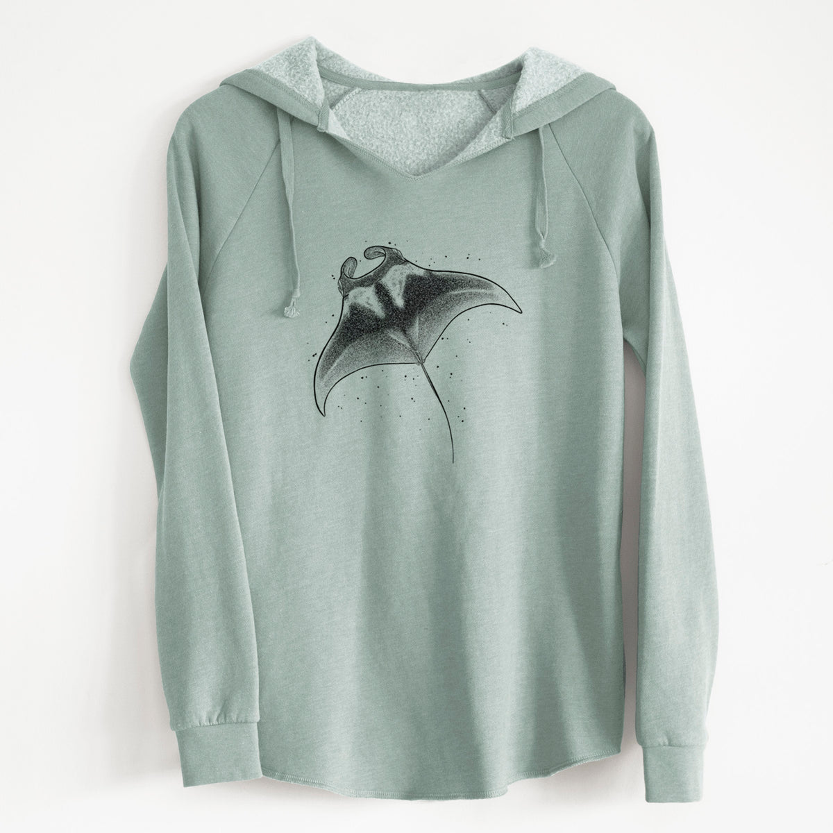 Sage green women's Cali Wave hooded sweatshirt laid flat, printed with a black ink illustration of a manta ray gliding.