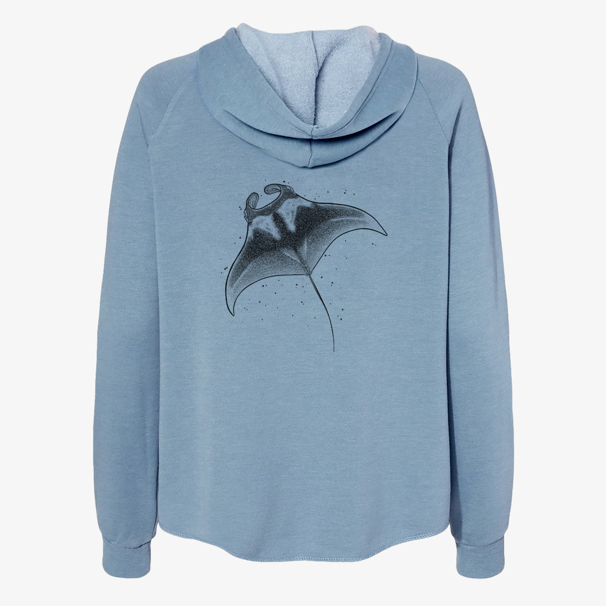 Misty blue women's Cali Wave zip-up sweatshirt laid flat, printed with a black ink illustration of a manta ray gliding.