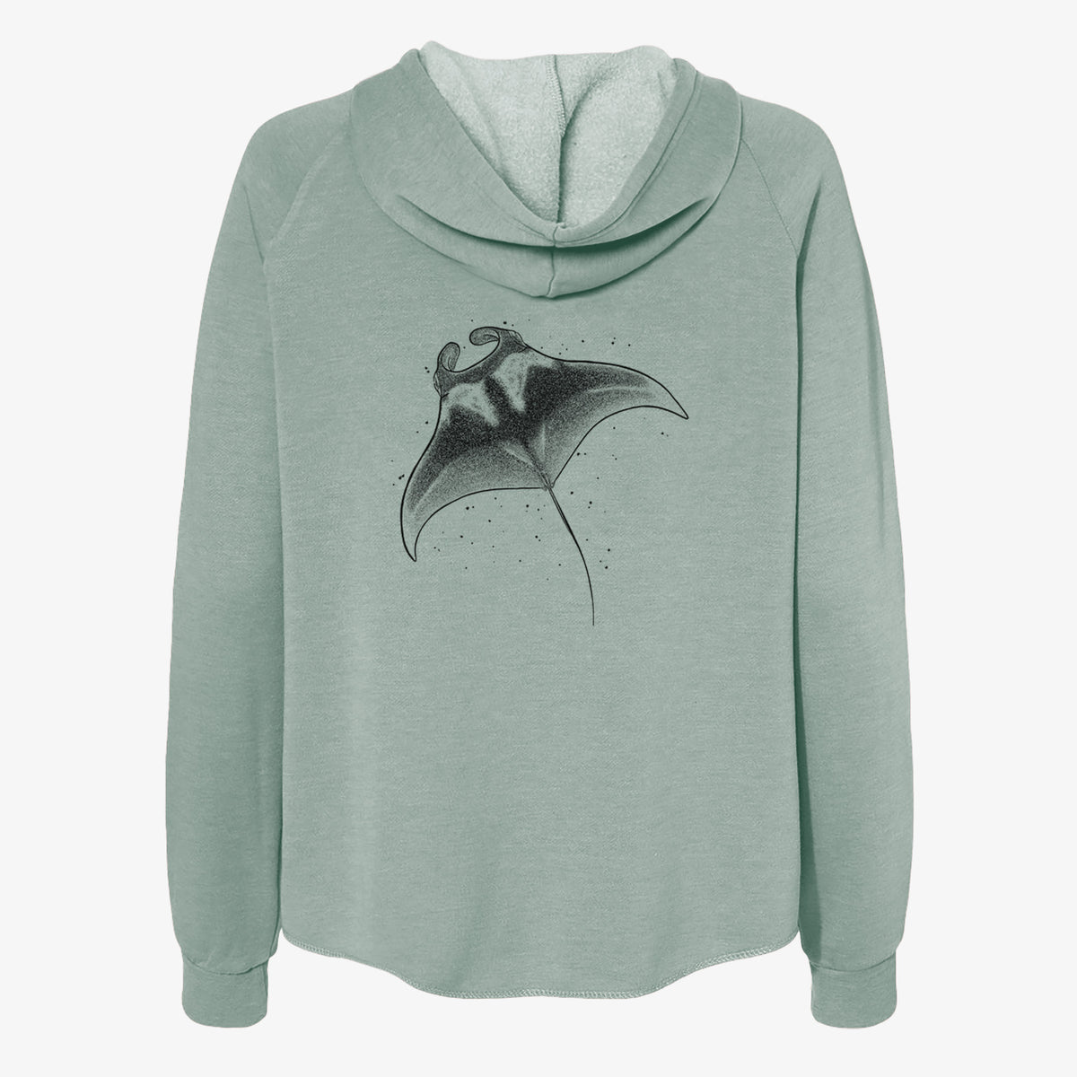Sage green women's Cali Wave zip-up sweatshirt laid flat, printed with a black ink illustration of a manta ray gliding.