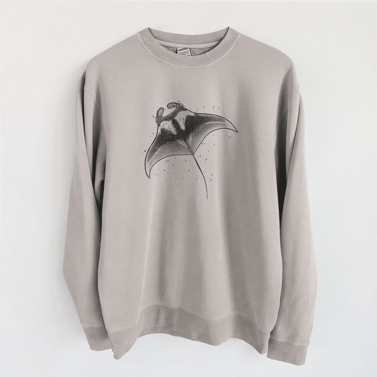 Cement grey pigment dyed crewneck sweatshirt laid flat, printed with a black ink illustration of a manta ray gliding.