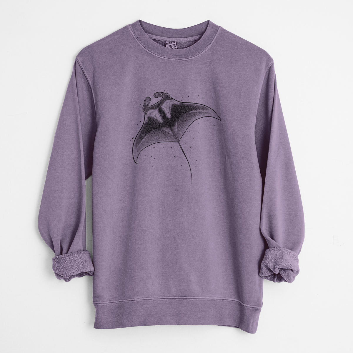 Plum purple pigment dyed crewneck sweatshirt laid flat with the sleeves rolled, printed with a black ink illustration of a manta ray gliding.