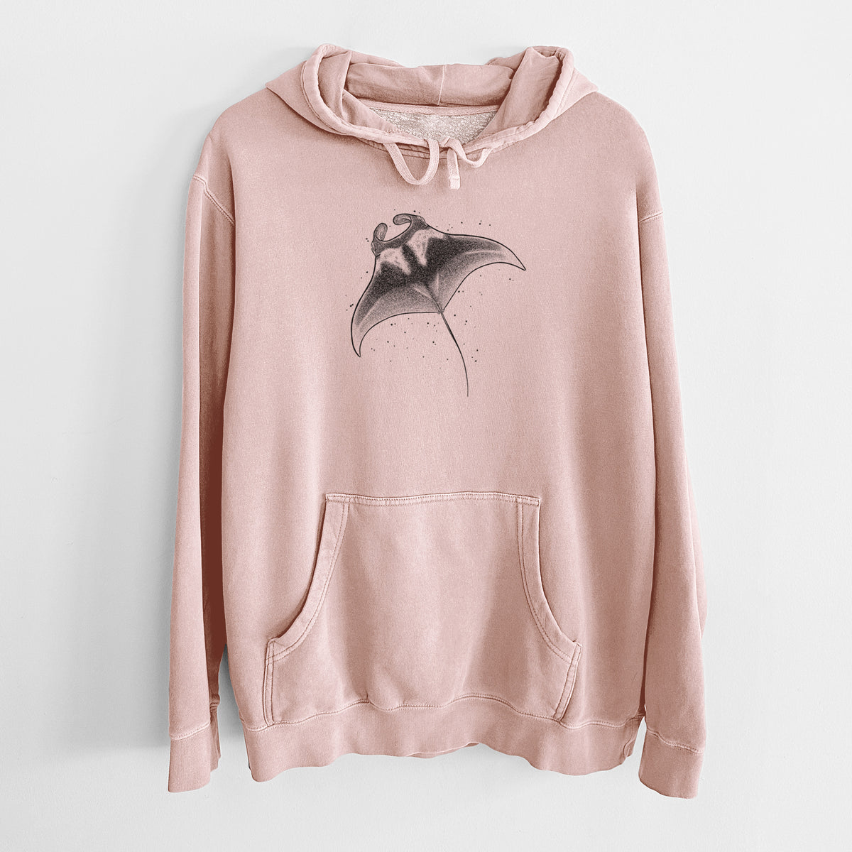 Dusty pink pigment dyed hoodie laid flat, printed with a black ink illustration of a manta ray gliding.