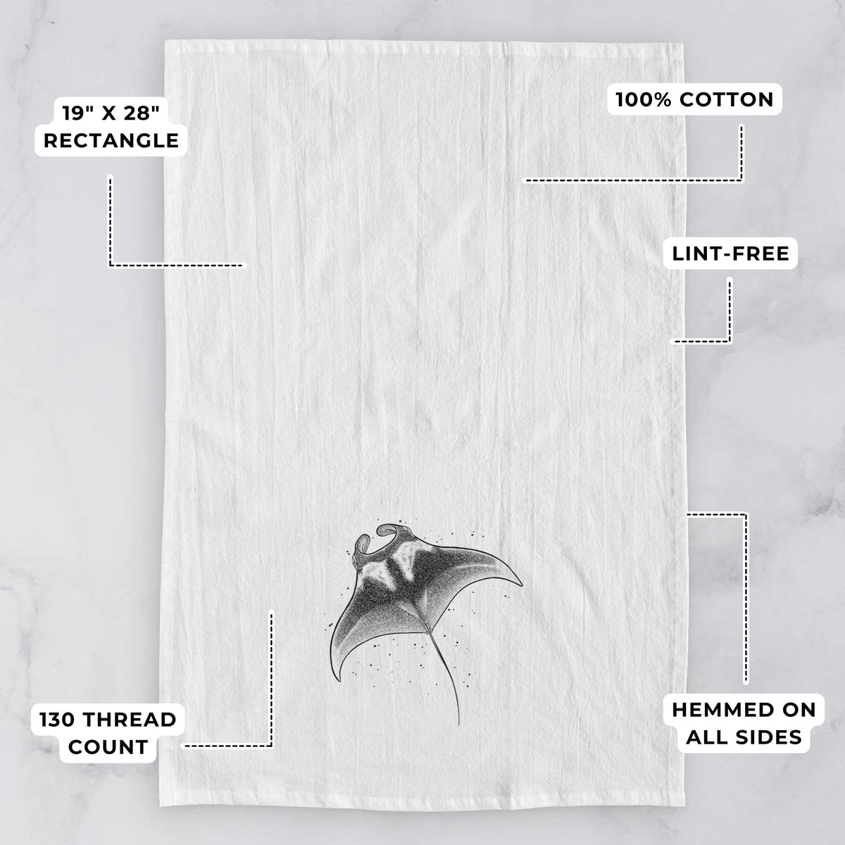 White tea towel printed with a black ink illustration of a manta ray gliding, with feature labels: 19 by 28 inch rectangle, 100% cotton, lint-free, 130 thread count, hemmed on all sides.