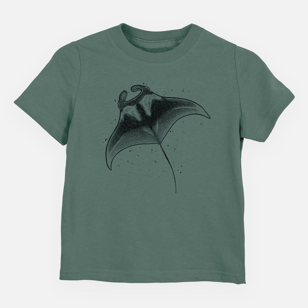 Basil green toddler t-shirt laid flat, printed with a black ink illustration of a manta ray gliding.