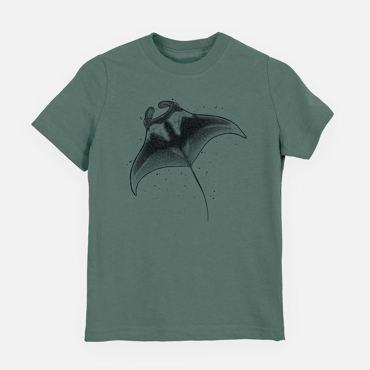 Basil green youth t-shirt laid flat, printed with a black ink illustration of a manta ray gliding.