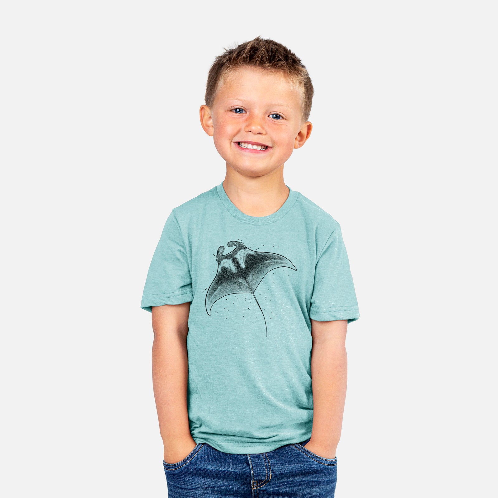 Two youth t-shirts in different colors on hangers, printed with a black ink illustration of a manta ray gliding.