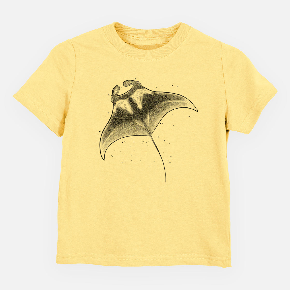 Butter yellow toddler t-shirt laid flat, printed with a black ink illustration of a manta ray gliding.
