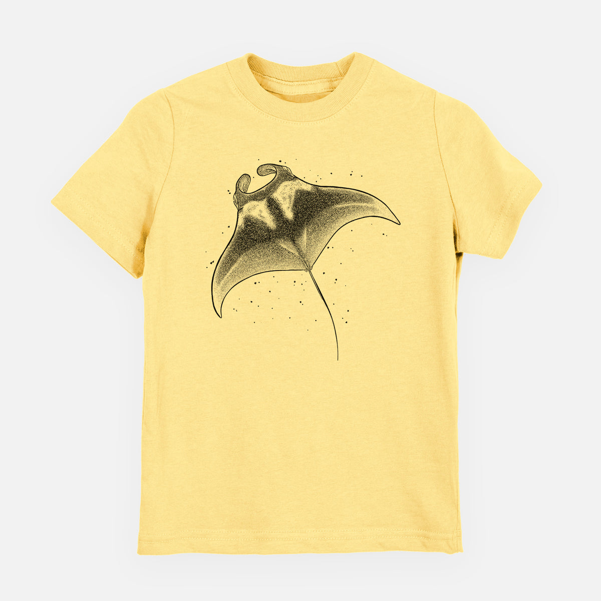 Butter yellow youth t-shirt laid flat, printed with a black ink illustration of a manta ray gliding.
