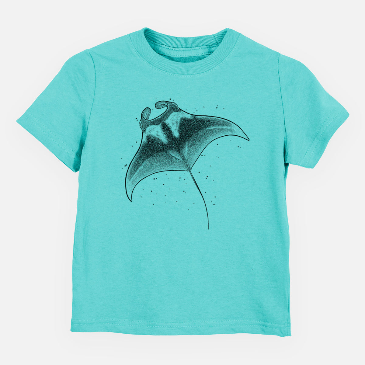 Caribbean blue toddler t-shirt laid flat, printed with a black ink illustration of a manta ray gliding.