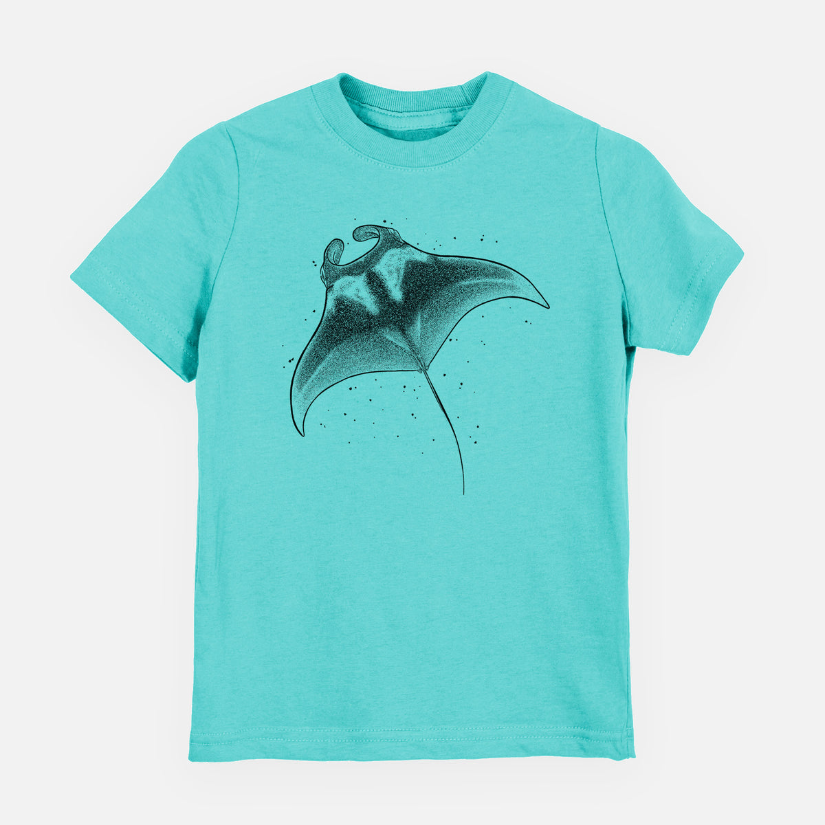 Caribbean blue youth t-shirt laid flat, printed with a black ink illustration of a manta ray gliding.