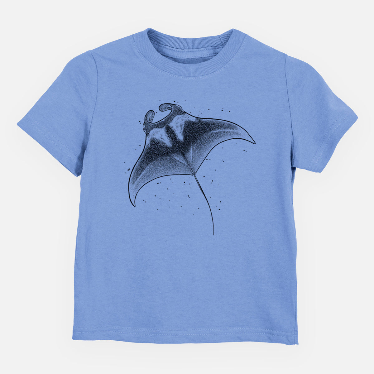 Carolina blue toddler t-shirt laid flat, printed with a black ink illustration of a manta ray gliding.