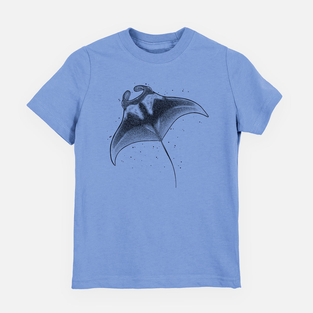 Carolina blue youth t-shirt laid flat, printed with a black ink illustration of a manta ray gliding.