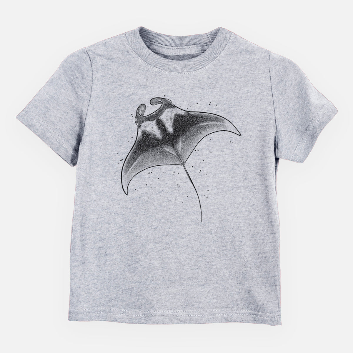 Heather grey toddler t-shirt laid flat, printed with a black ink illustration of a manta ray gliding.