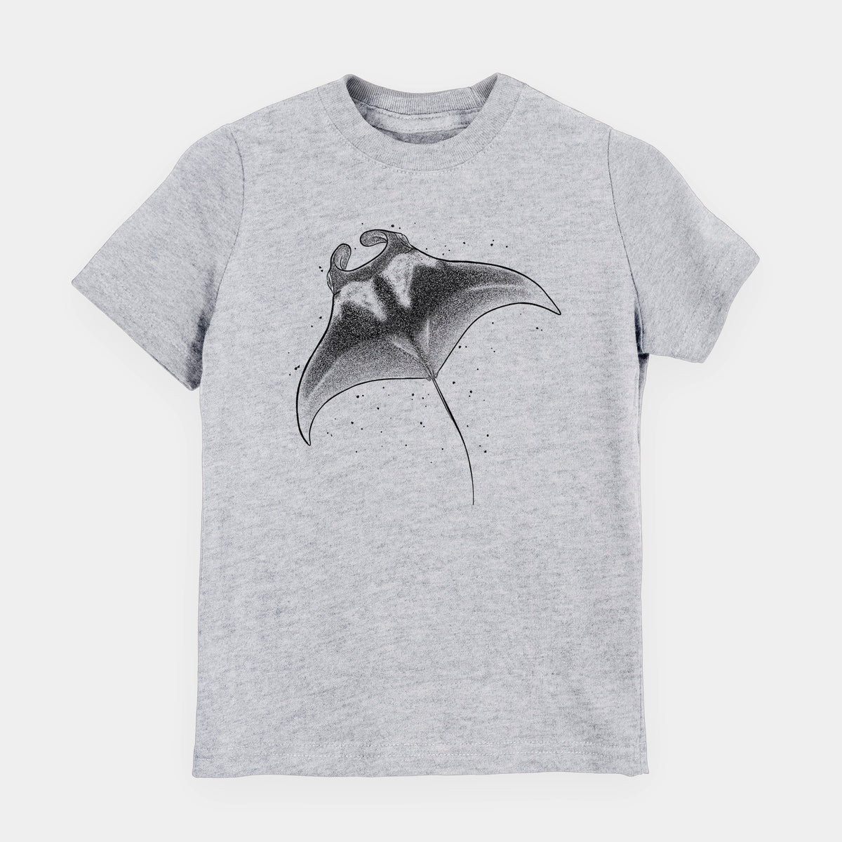 Heather grey youth t-shirt laid flat, printed with a black ink illustration of a manta ray gliding.