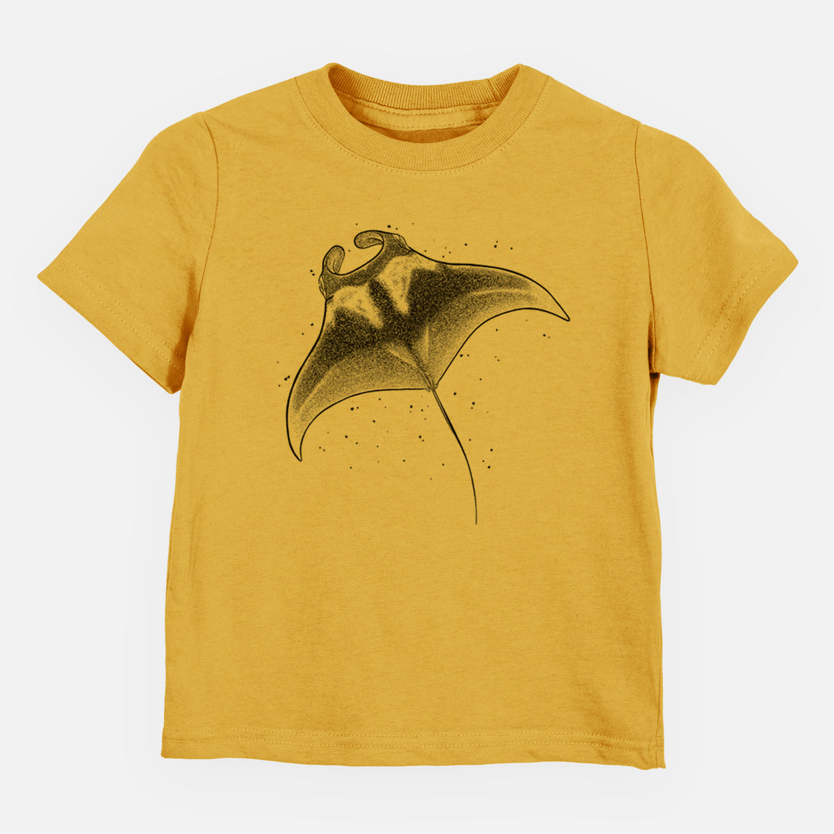 Honeycomb yellow toddler t-shirt laid flat, printed with a black ink illustration of a manta ray gliding.
