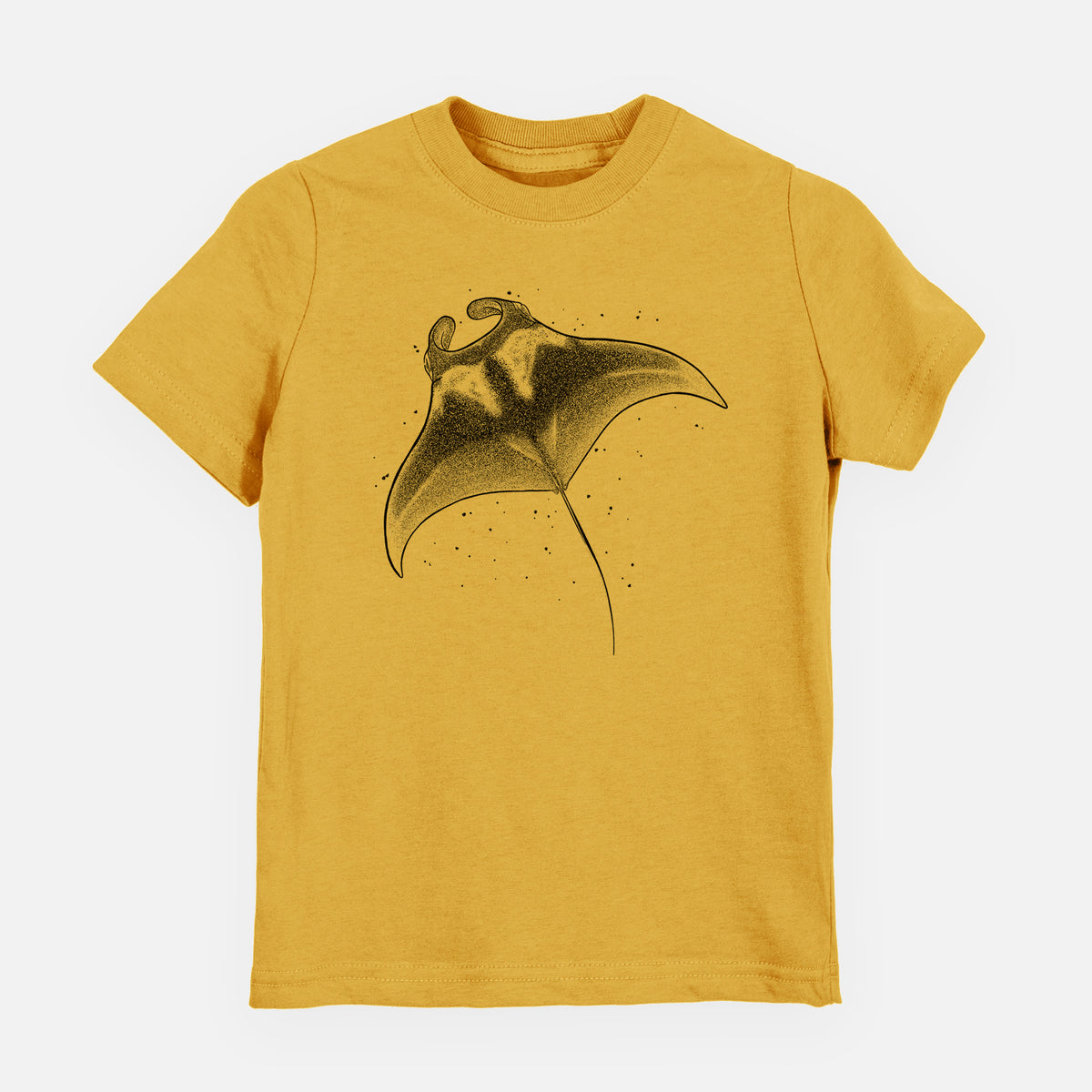 Honeycomb yellow youth t-shirt laid flat, printed with a black ink illustration of a manta ray gliding.